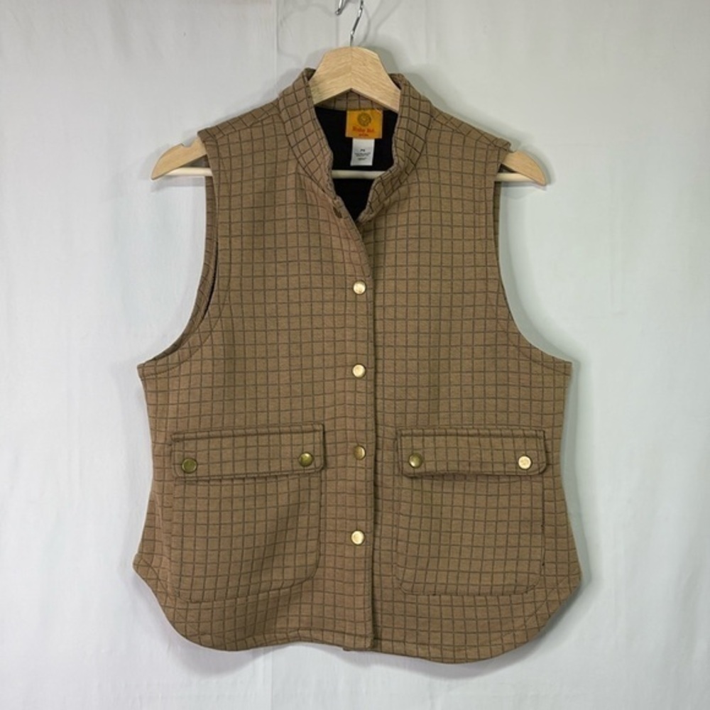 🐜 Ruby Road camel and black window pane snap front stand collar vest
